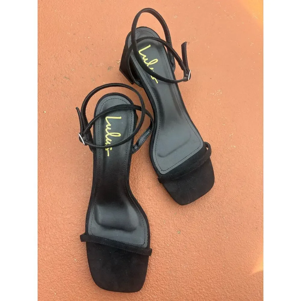 ✨2/$30✨ Lulus Sedna Black Suede Square Toe Heels Size 9 Ankle Strap Chunky Block